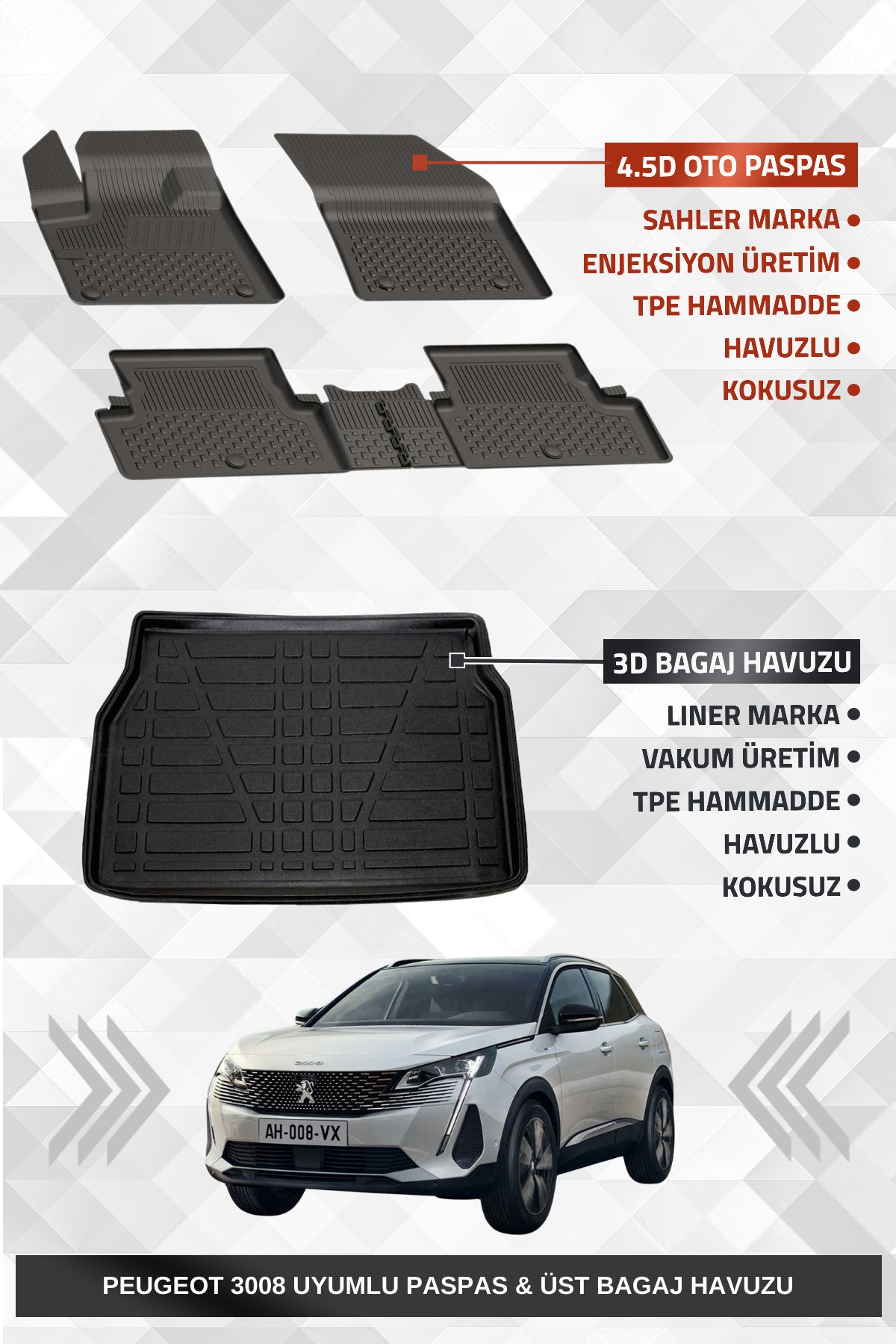 Sahler Peugeot 3008 2016-2024 Uyumlu 4.5D Premium Havuzlu Oto Paspas ve Liner Marka 3D ÜST Bagaj Havuzu