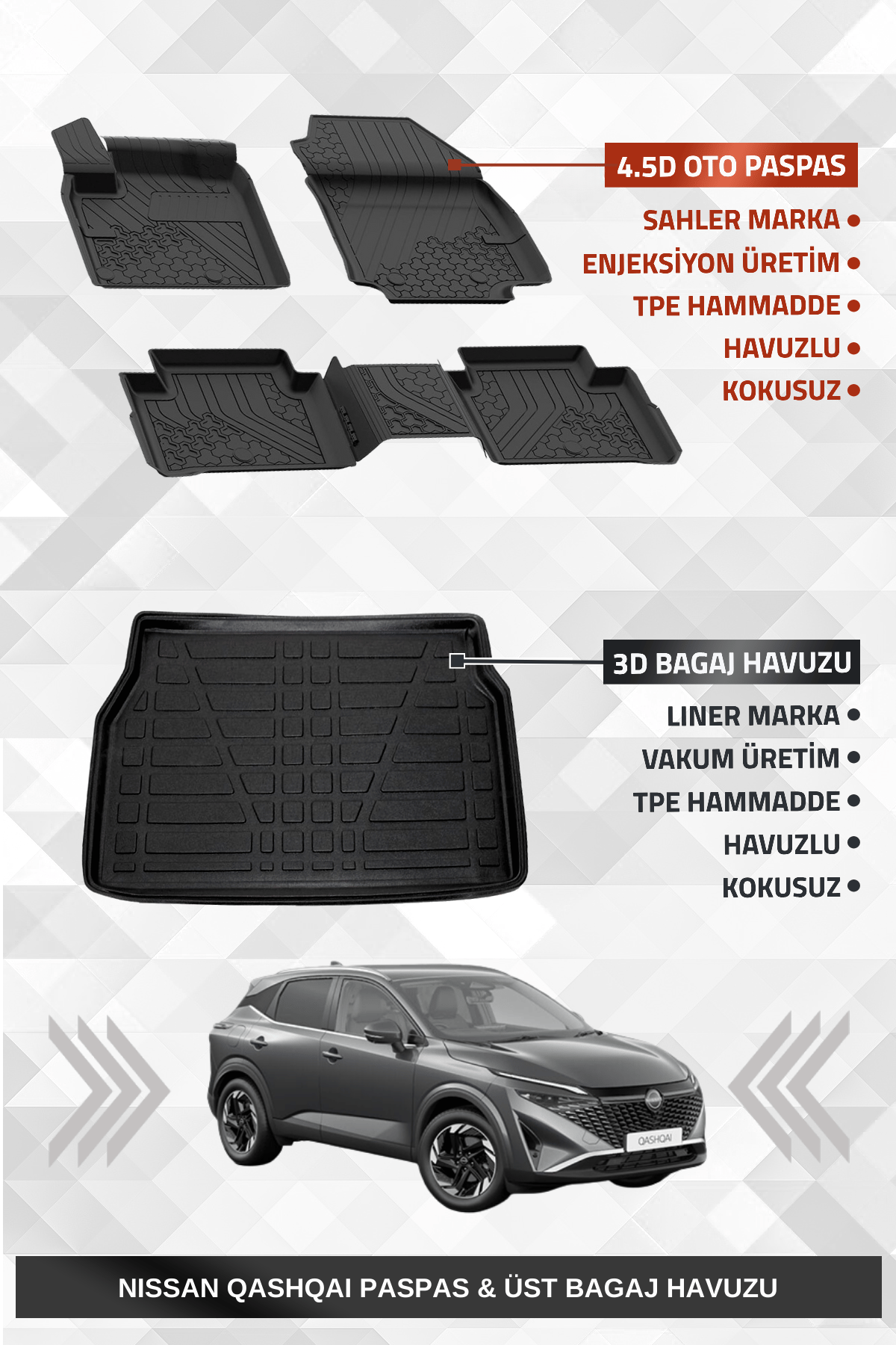 Sahler Qashqai 2022+ Benzinli Uyumlu 4.5D Premium Havuzlu Oto Paspas ve Liner Marka 3D UST Bagaj Havuzu