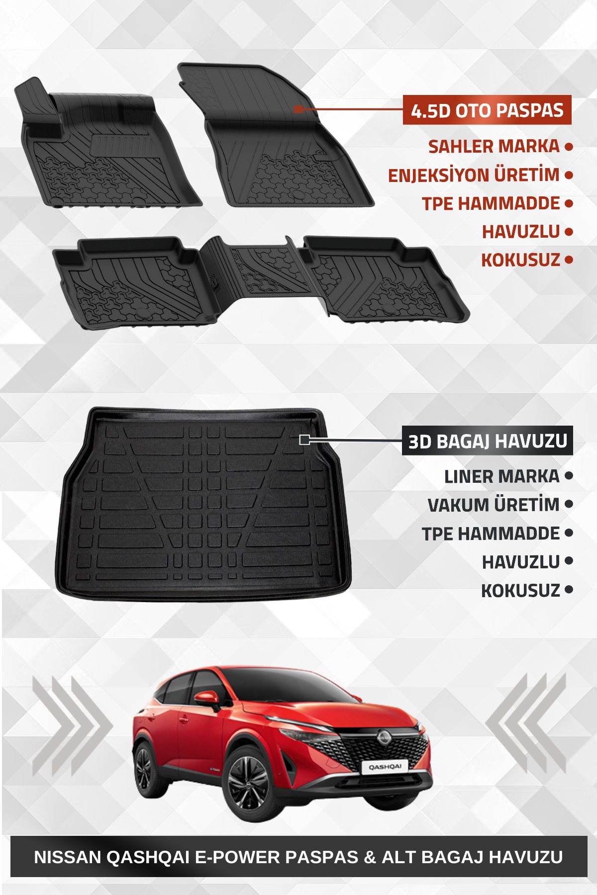 Sahler Qashqai E-Power 2022 + Uyumlu 4.5D Premium Havuzlu Oto Paspas ve Liner Marka 3D ALT Bagaj Havuzu