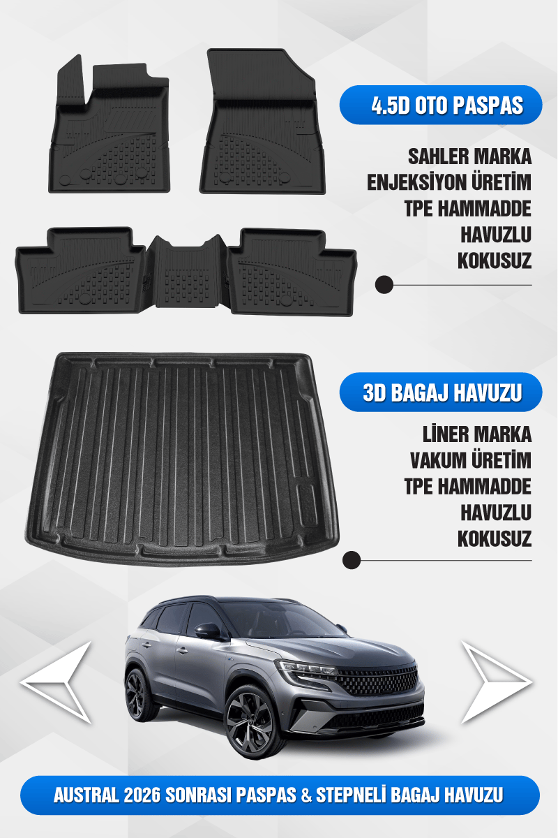 Sahler Renault Austral 2022-2026 Uyumlu 4.5D Premium Havuzlu Oto Paspas ve Liner Marka 3D Bagaj Havuzu - Austral