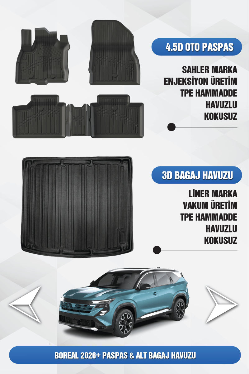 Sahler Renault Boreal 2026 Sonrası Uyumlu 4.5D Premium Havuzlu Paspas ve Liner ALT Bagaj - 1.3 Tce
