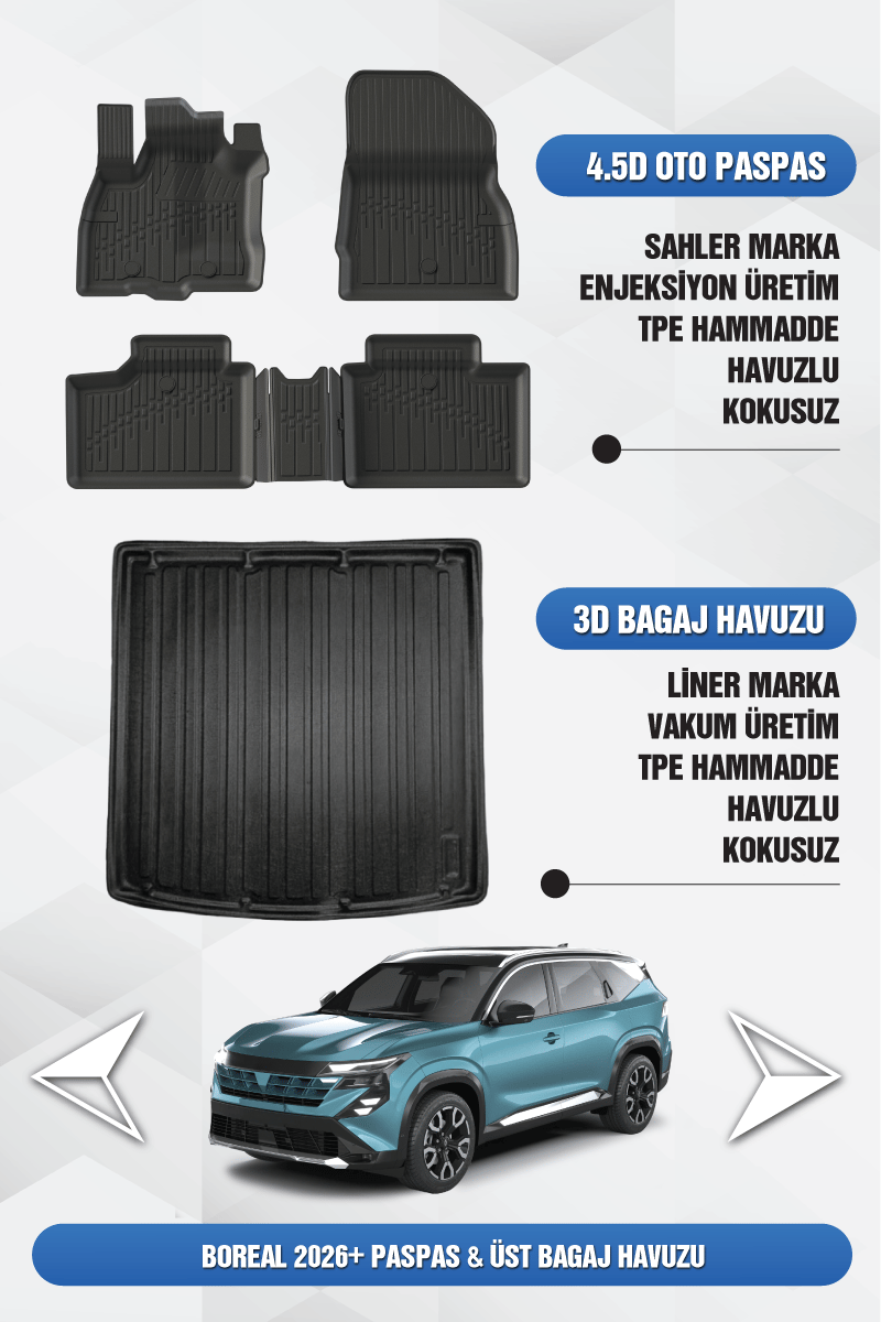 Sahler Renault Boreal 2026 Sonrası Uyumlu 4.5D Premium Havuzlu Paspas ve Liner ÜST Bagaj - 1.3 Tce