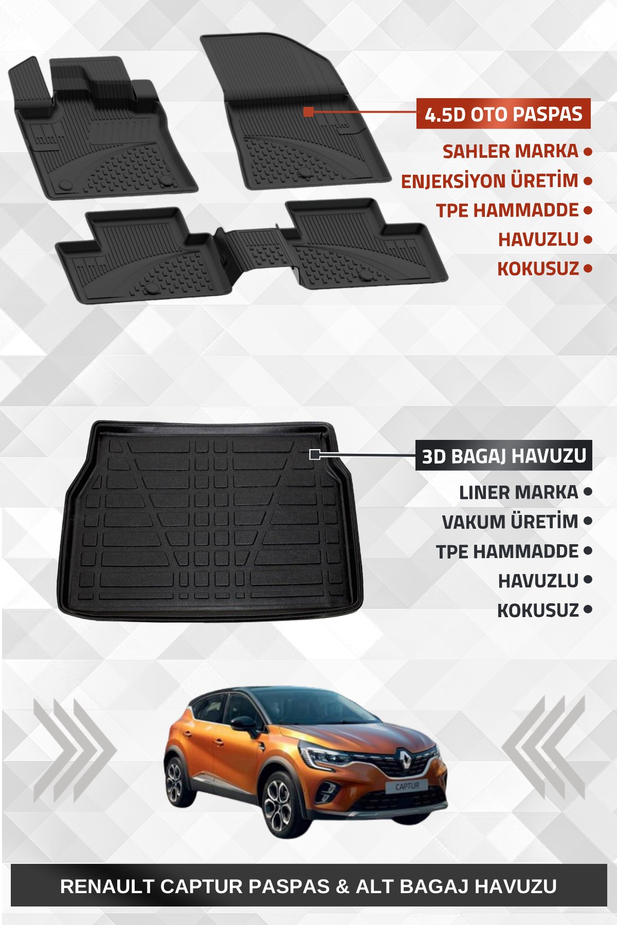 Sahler Renault Captur 2020+ Uyumlu 4.5D Premium Havuzlu Paspas ve Liner Marka 3D Alt Bagaj Havuzu