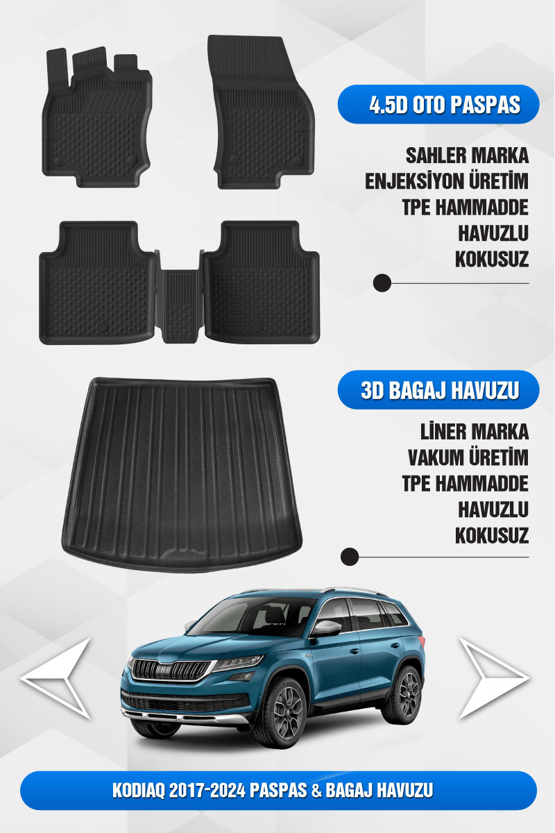 Sahler Skoda Kodiaq 2017-2024 Uyumlu 4.5D Premium Havuzlu Oto Paspas ve Liner Marka 3D Bagaj Havuzu