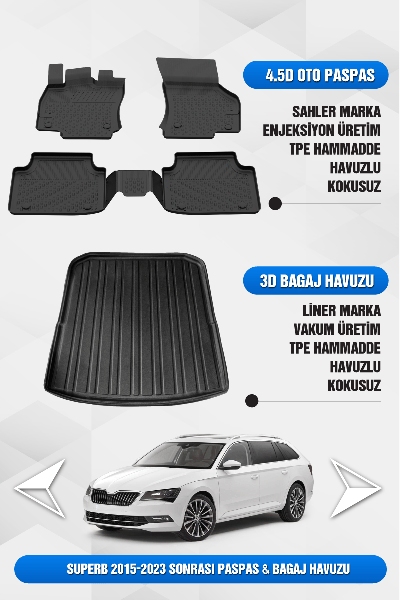 Sahler Skoda Superb 2015-2023 Uyumlu 4.5D Premium Havuzlu Oto Paspas ve Liner Marka 3D Bagaj Havuzu