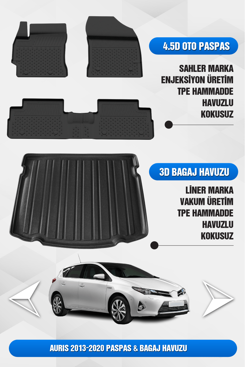 Sahler Toyota Auris 2013-2020 Uyumlu 4.5D Premium Havuzlu Oto Paspas ve Liner Marka 3D Bagaj Havuzu