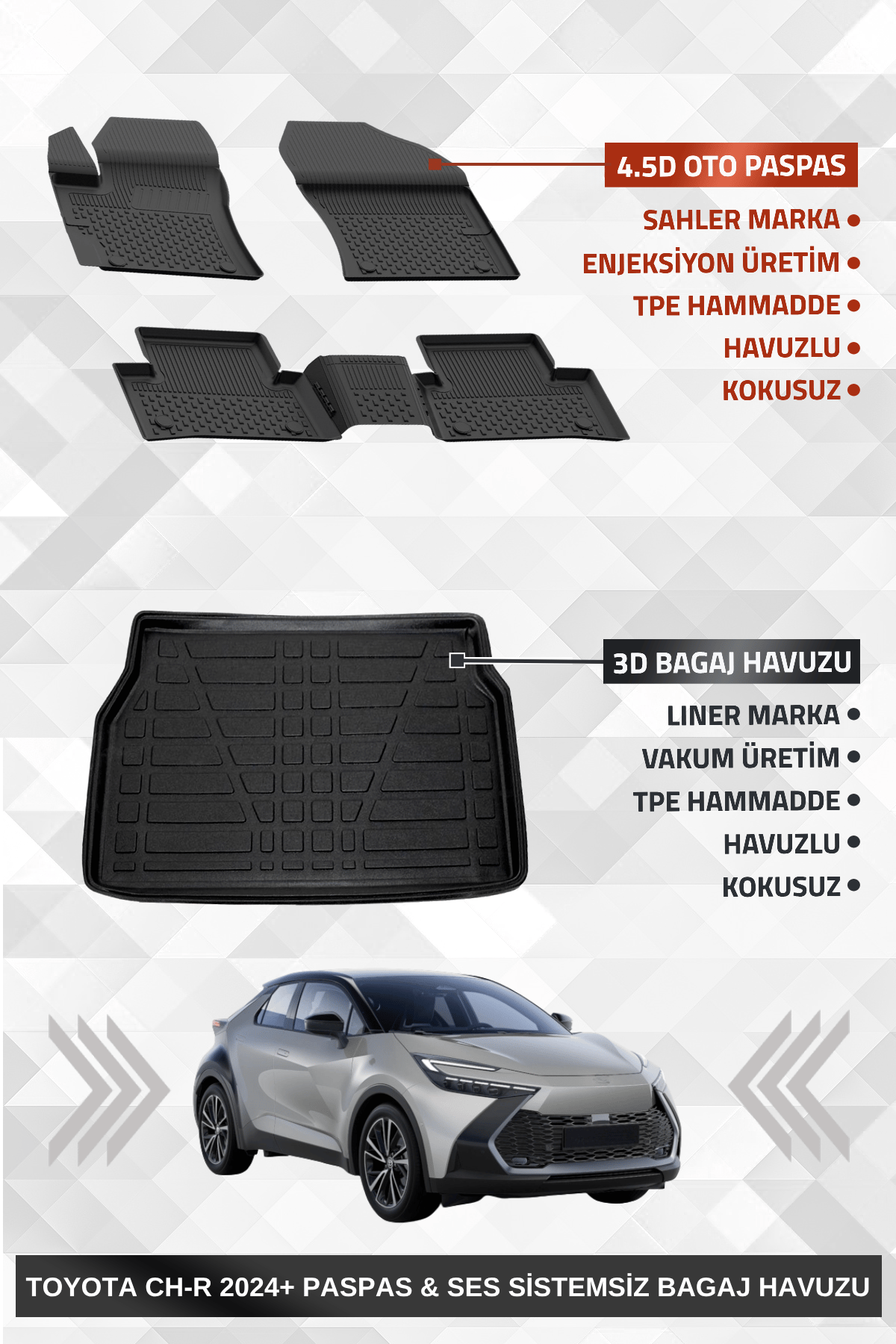 Sahler Toyota C-HR 2 2023+ Uyumlu 4.5D Premium Havuzlu Oto Paspas ve Liner Marka 3D SES SİSTEMSİZ Bagaj Havuzu