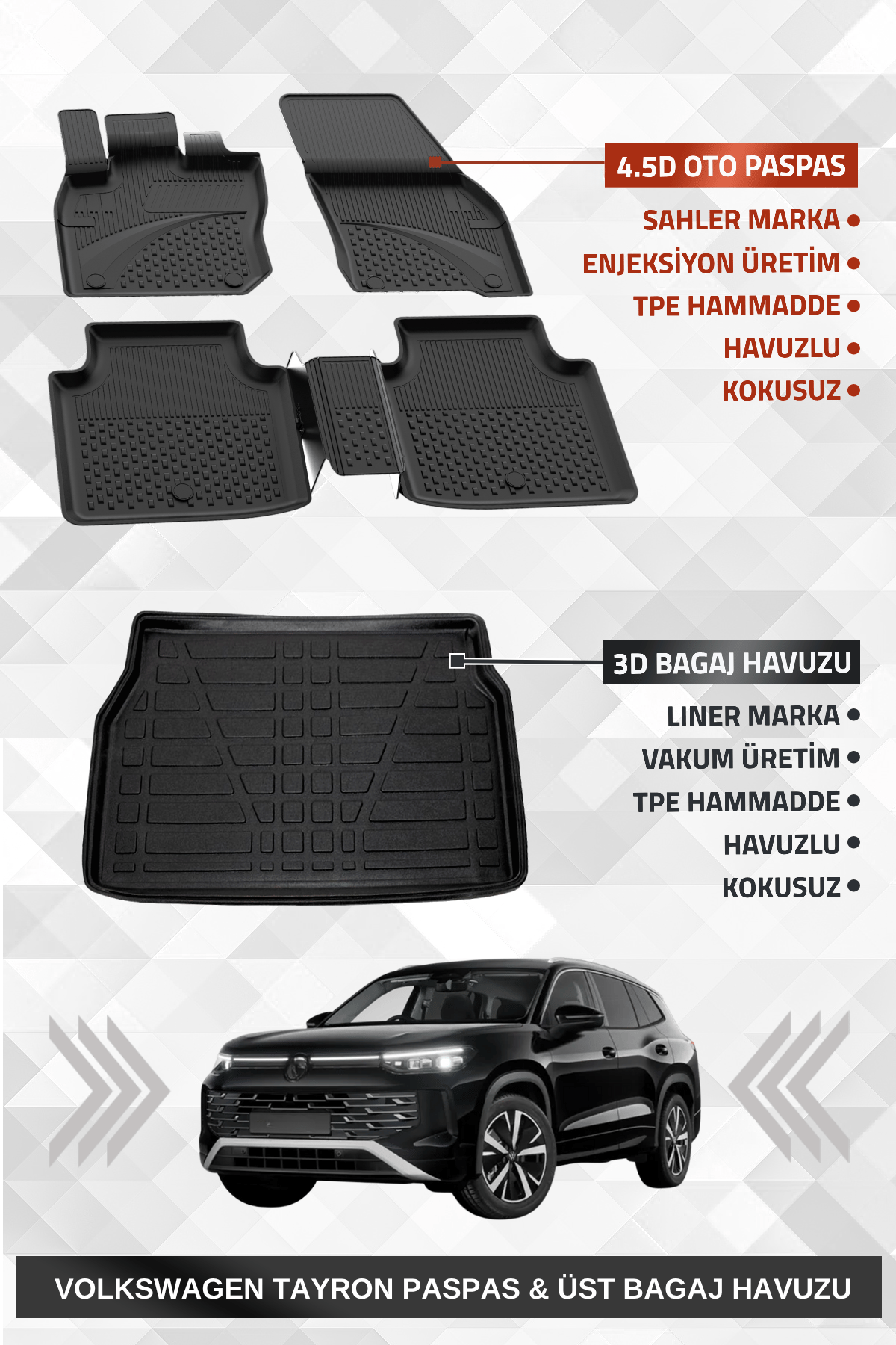 Sahler Volkswagen Tayron 2024 Sonrası Uyumlu 4.5D Premium Havuzlu Oto Paspas ve Liner ÜST Bagaj Havuzu 5 Koltuk
