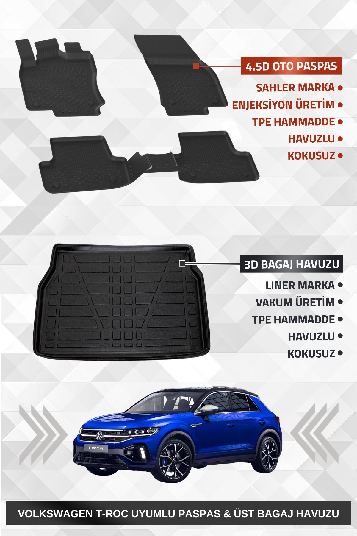 Sahler Volkswagen T-Roc 2019-2025 Uyumlu 4.5D SAHLER Premium Paspas + Liner Marka 3D ÜST Bagaj Havuzu - Volkswagen T-Roc