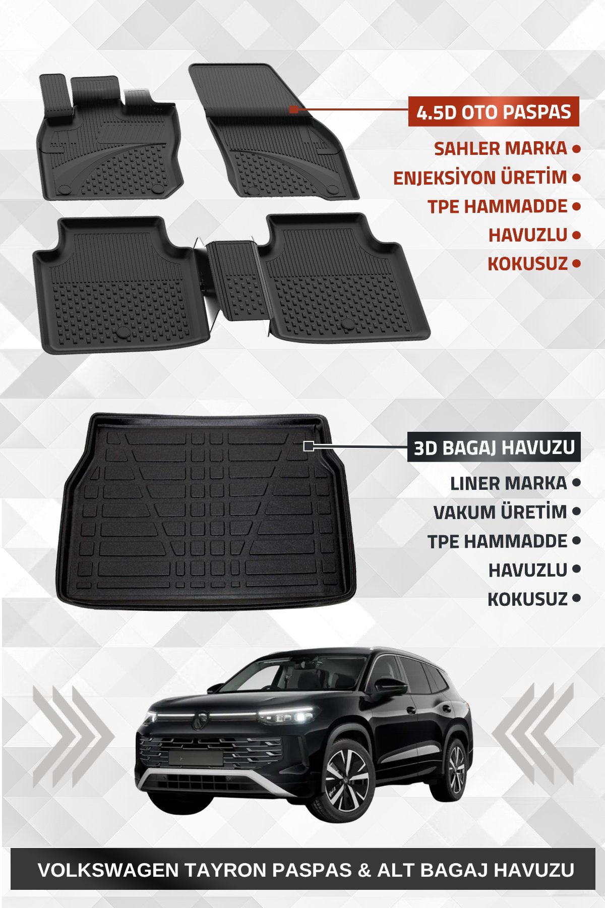 Sahler Volkswagen Tayron 2024 Sonrası Uyumlu 4.5D Premium Havuzlu Oto Paspas ve Liner ALT Bagaj Havuzu 5 Koltuk