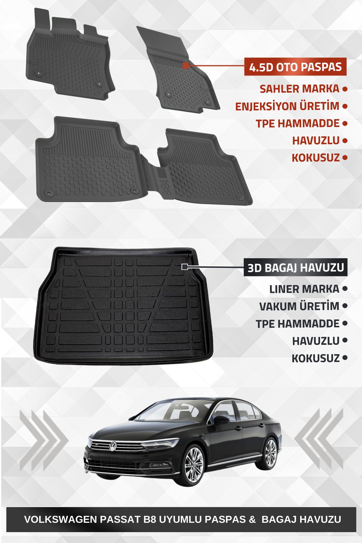 Sahler Volkswagen Passat B8 2015-2023 Uyumlu 4.5D Premium Havuzlu Oto Paspas ve Liner Marka 3D Bagaj Havuzu