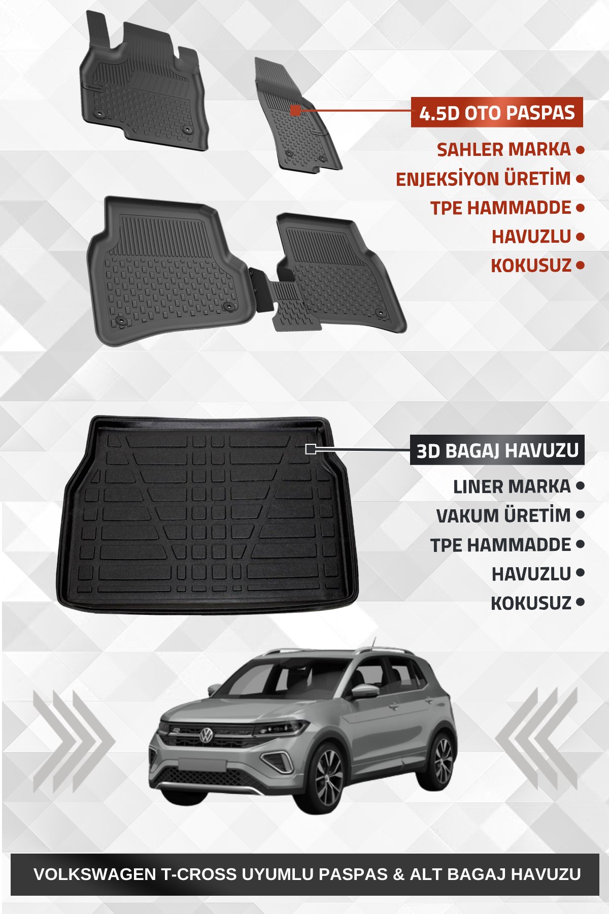 Sahler Volskwagen T-Cross 2022+ Uyumlu 4.5D Premium Havuzlu Oto Paspas ve Liner Marka 3D ALT Bagaj Havuzu