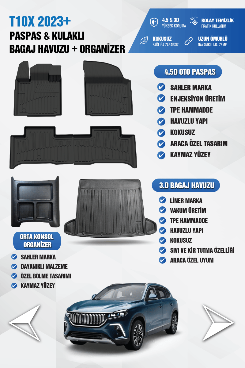 T10X Uyumlu 4.5D PRO Premium Oto Paspas ve LİNER Kulaklı Bagaj Havuzu +Konsol Düzenleyici Organizer