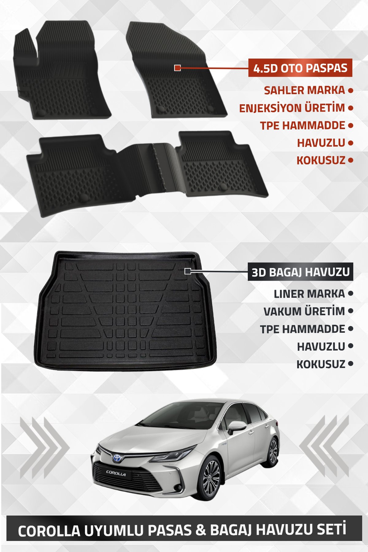 Toyota Corolla Sedan 2019-2025 Uyumlu LİNER Marka 3D Bagaj Havuzu + SAHLER 4.5D Havuzlu Oto Paspas