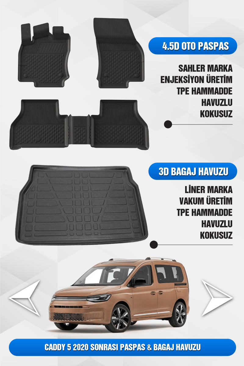 Volkswagen 2020 ve Sonrası Uyumlu 4.5D Premium Havuzlu Oto Paspas ve Liner Bagaj Havuzu