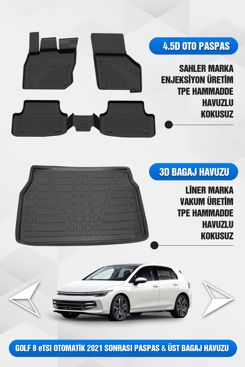 Volkswagen Golf 8/8.5 (Otomatik) Uyumlu 4.5D Premium Havuzlu Oto Paspas ve Liner ÜST Bagaj Havuzu