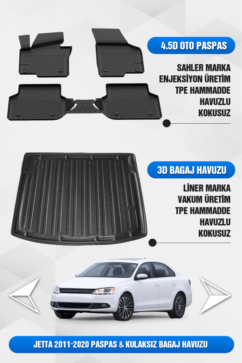 Volkswagen Jetta 2011-2019 Uyumlu 4.5D Premium Havuzlu Oto Paspas ve Liner KULAKSIZ Bagaj Havuzu