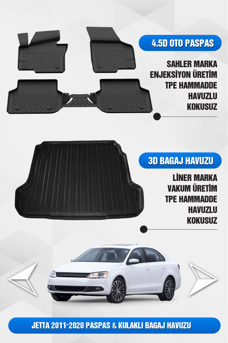 Volkswagen Jetta 2011-2019 Uyumlu 4.5D Premium Havuzlu Oto Paspas ve Liner KULAKLI Bagaj Havuzu
