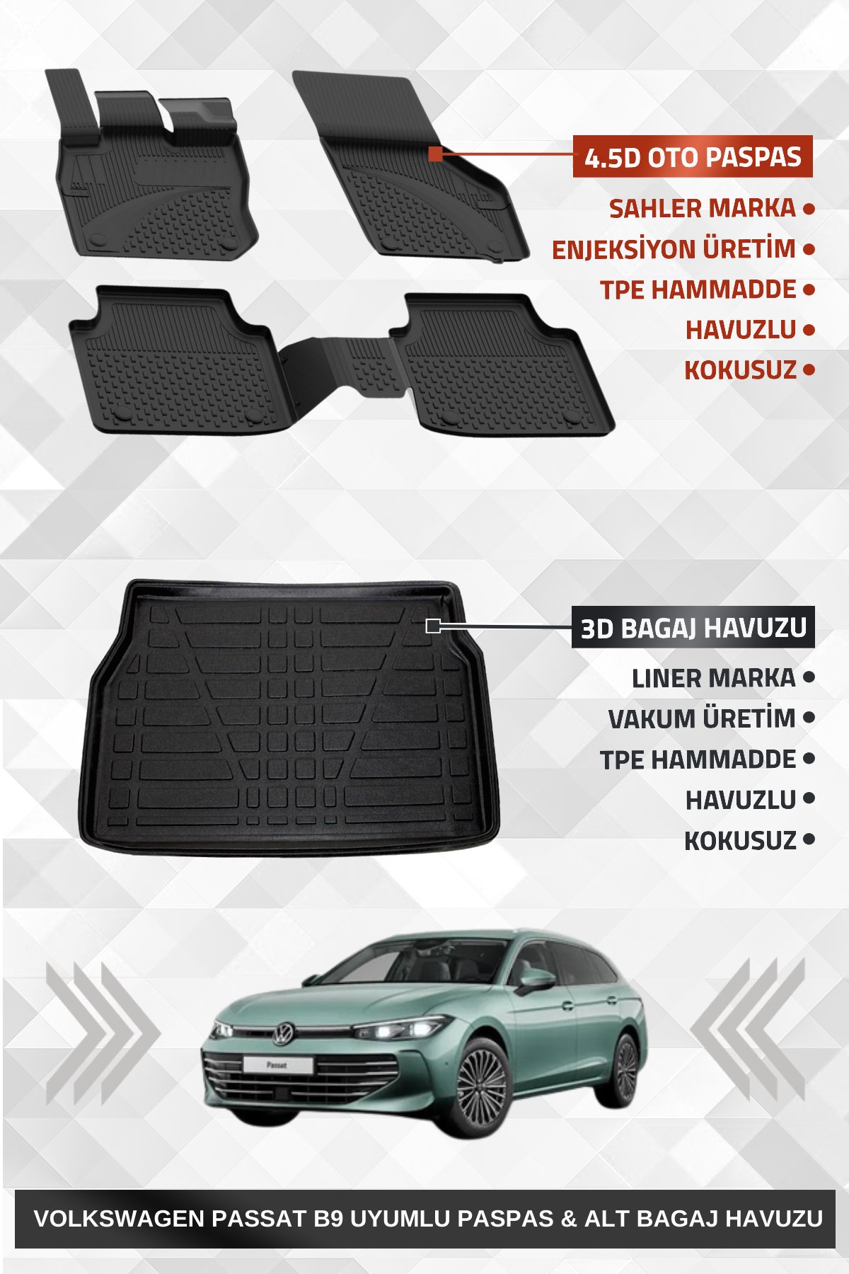 Volkswagen Passat Variant B9 2024+ Uyumlu 4.5D SAHLER Premium Paspas + Liner Marka 3D ALT Bagaj Havuzu - Passat Variant B9
