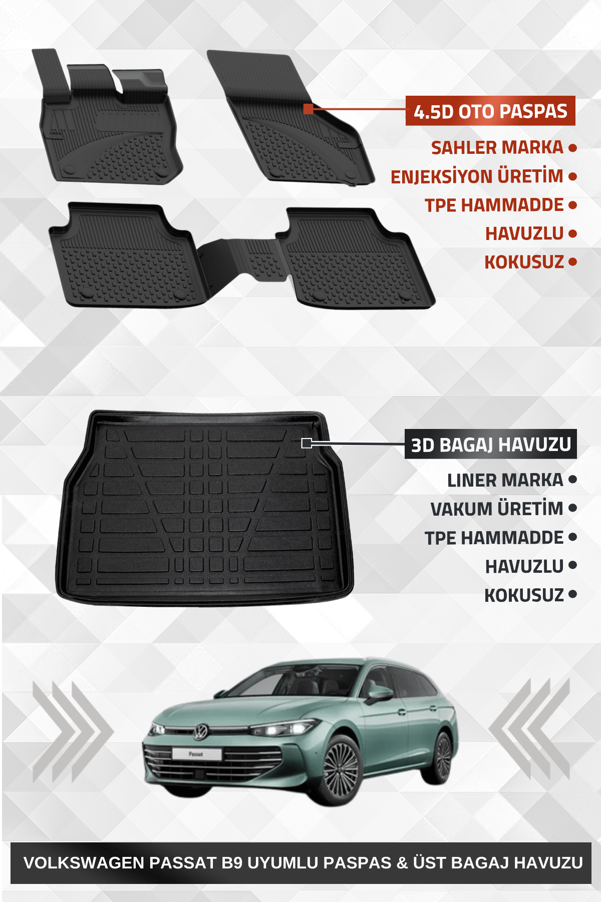 Volkswagen Passat Variant B9 2024+ Uyumlu 4.5D SAHLER Premium Paspas + Liner Marka 3D ÜST Bagaj Havuzu - Passat Variant B9