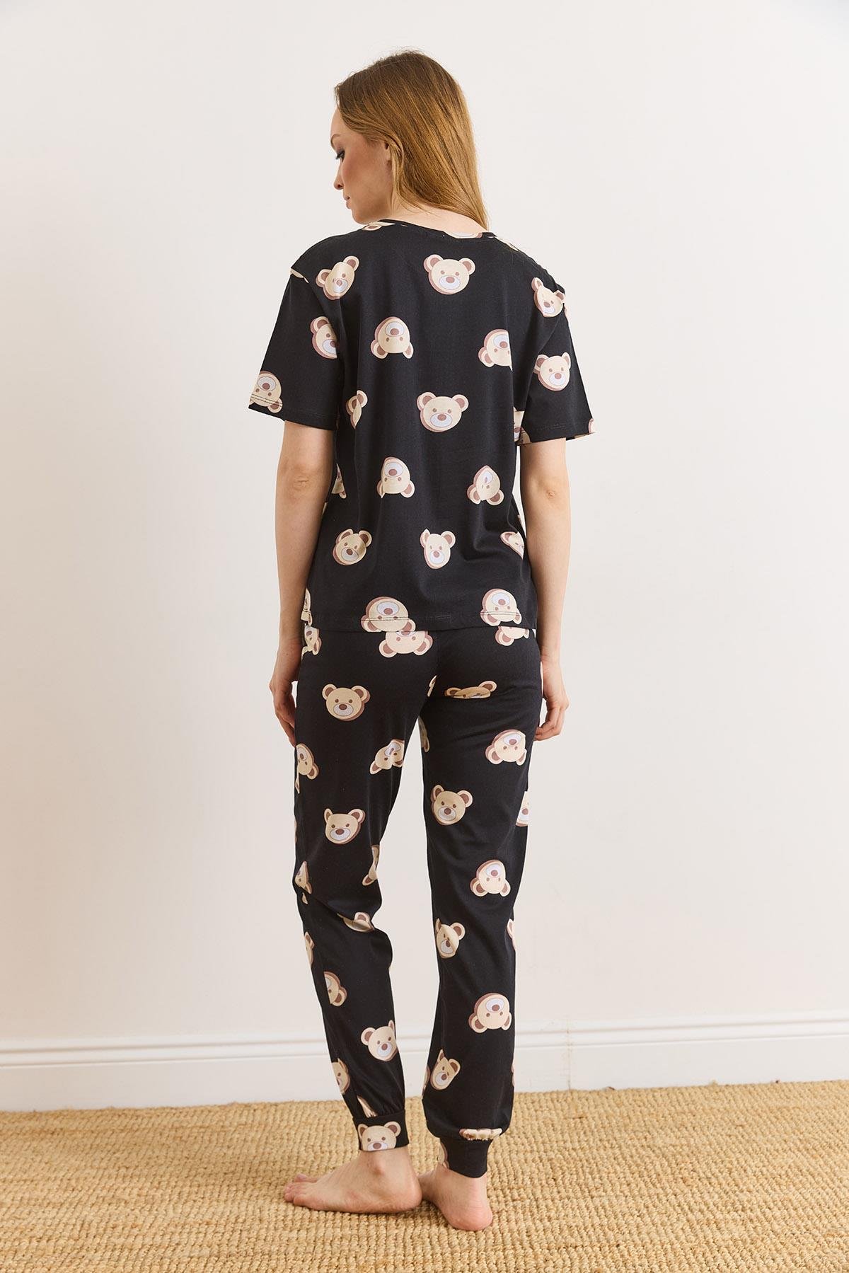 %100 Pamuk Kısa Kollu Dar Paça Pijama Takımı Siyah Ayıcık