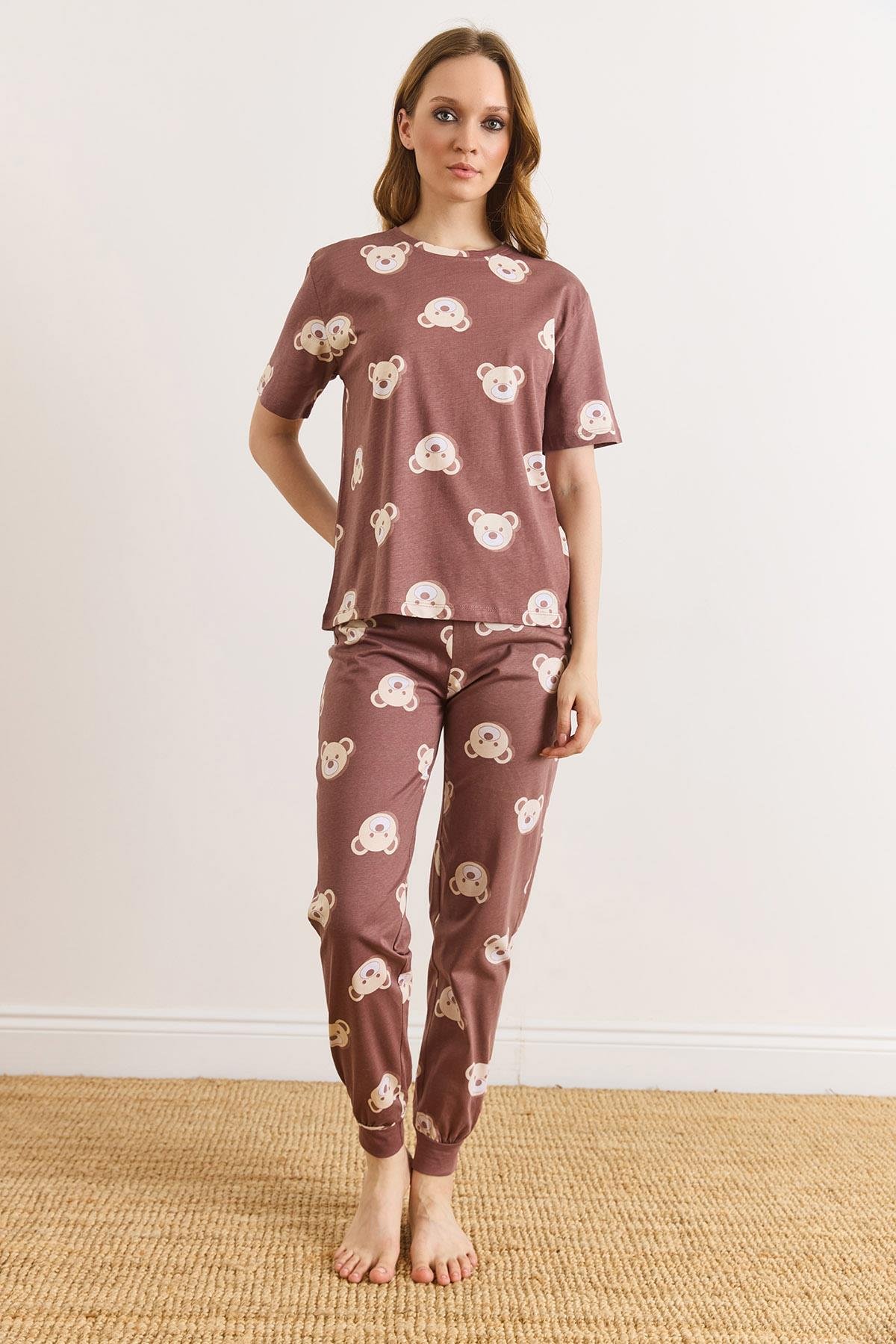 %100 Pamuk Kısa Kollu Dar Paça Pijama Takımı Kahverengi Ayıcık
