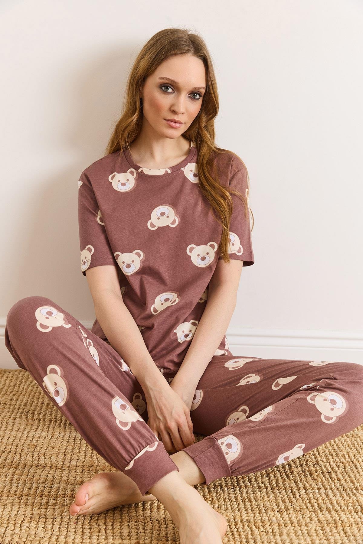 %100 Pamuk Kısa Kollu Dar Paça Pijama Takımı Kahverengi Ayıcık