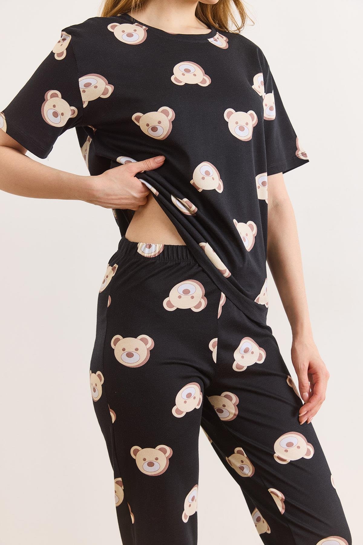 %100 Pamuk Kısa Kollu Dar Paça Pijama Takımı Siyah Ayıcık