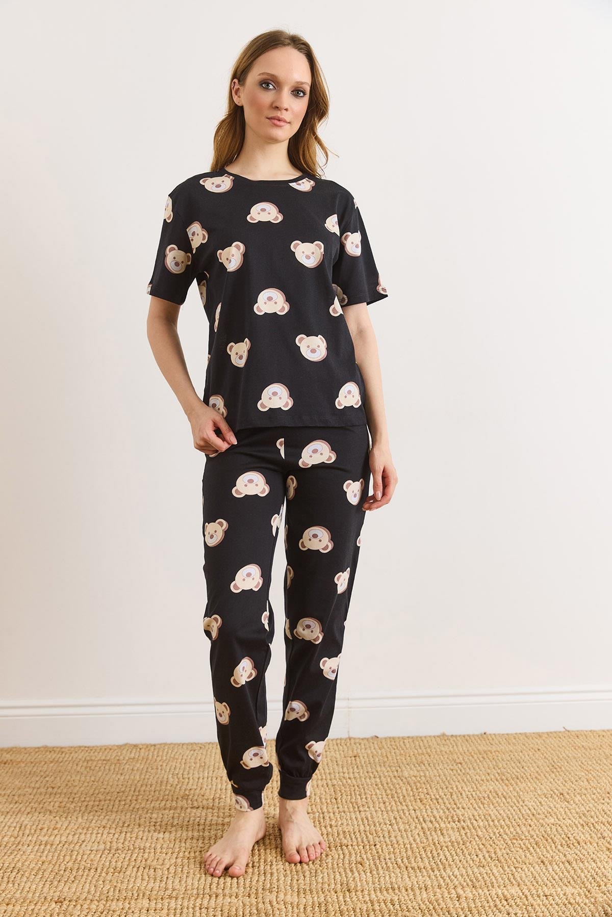 %100 Pamuk Kısa Kollu Dar Paça Pijama Takımı Siyah Ayıcık