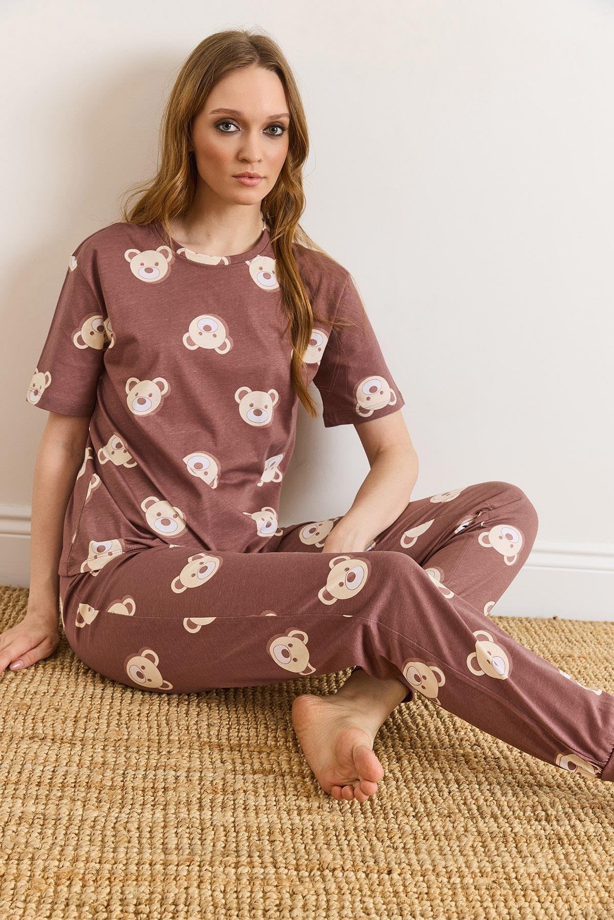 %100 Pamuk Kısa Kollu Dar Paça Pijama Takımı Kahverengi Ayıcık