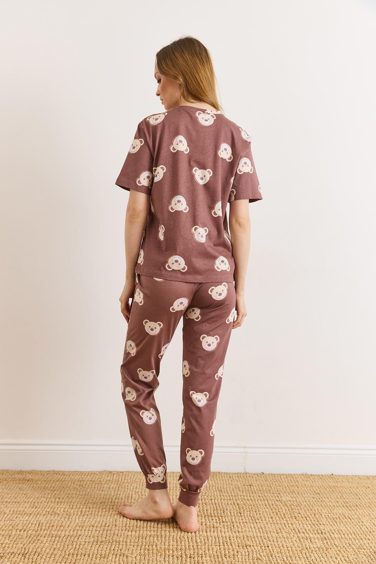 %100 Pamuk Kısa Kollu Dar Paça Pijama Takımı Kahverengi Ayıcık
