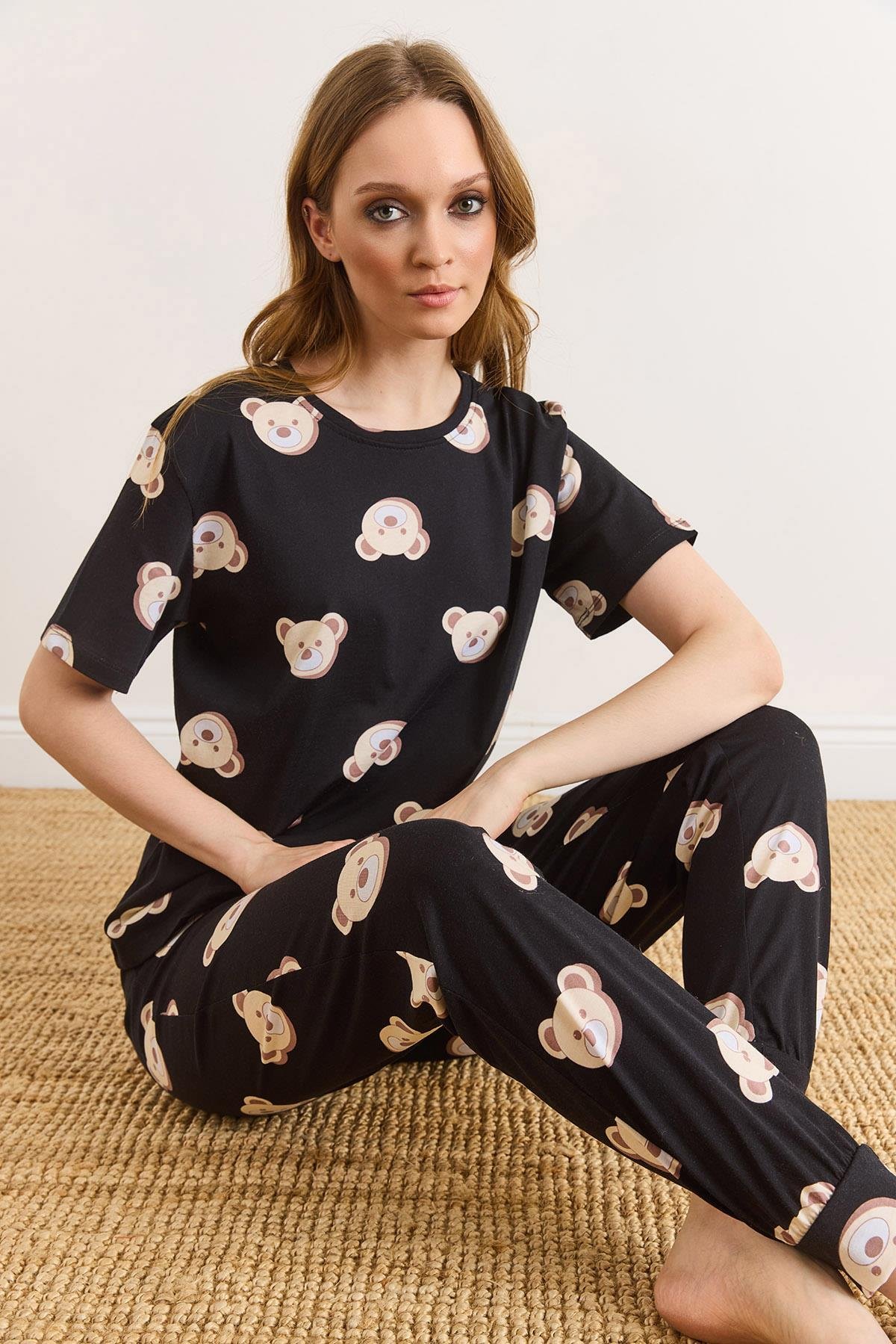 %100 Pamuk Kısa Kollu Dar Paça Pijama Takımı Siyah Ayıcık