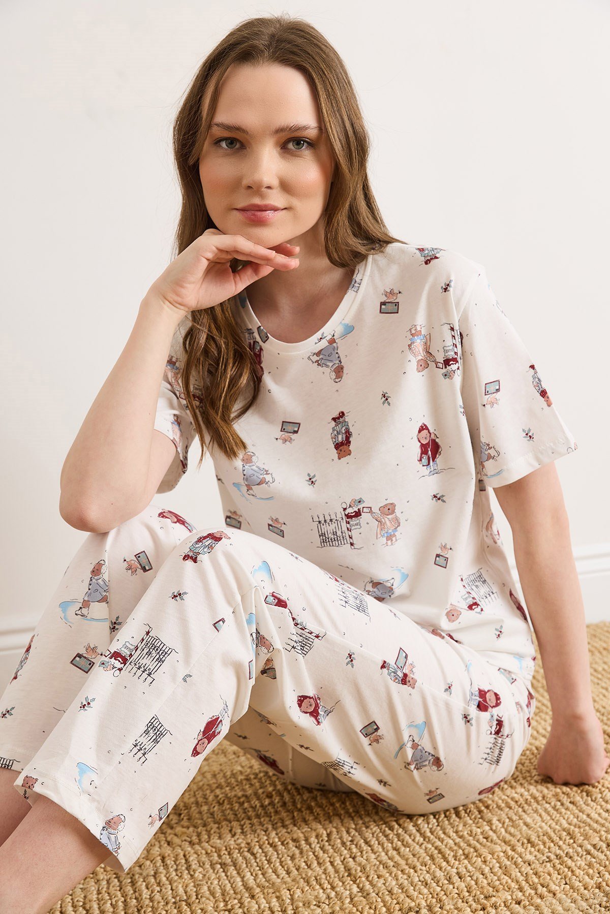%100 Pamuk Şortlu Pijama Takım Ayıcık Beyaz
