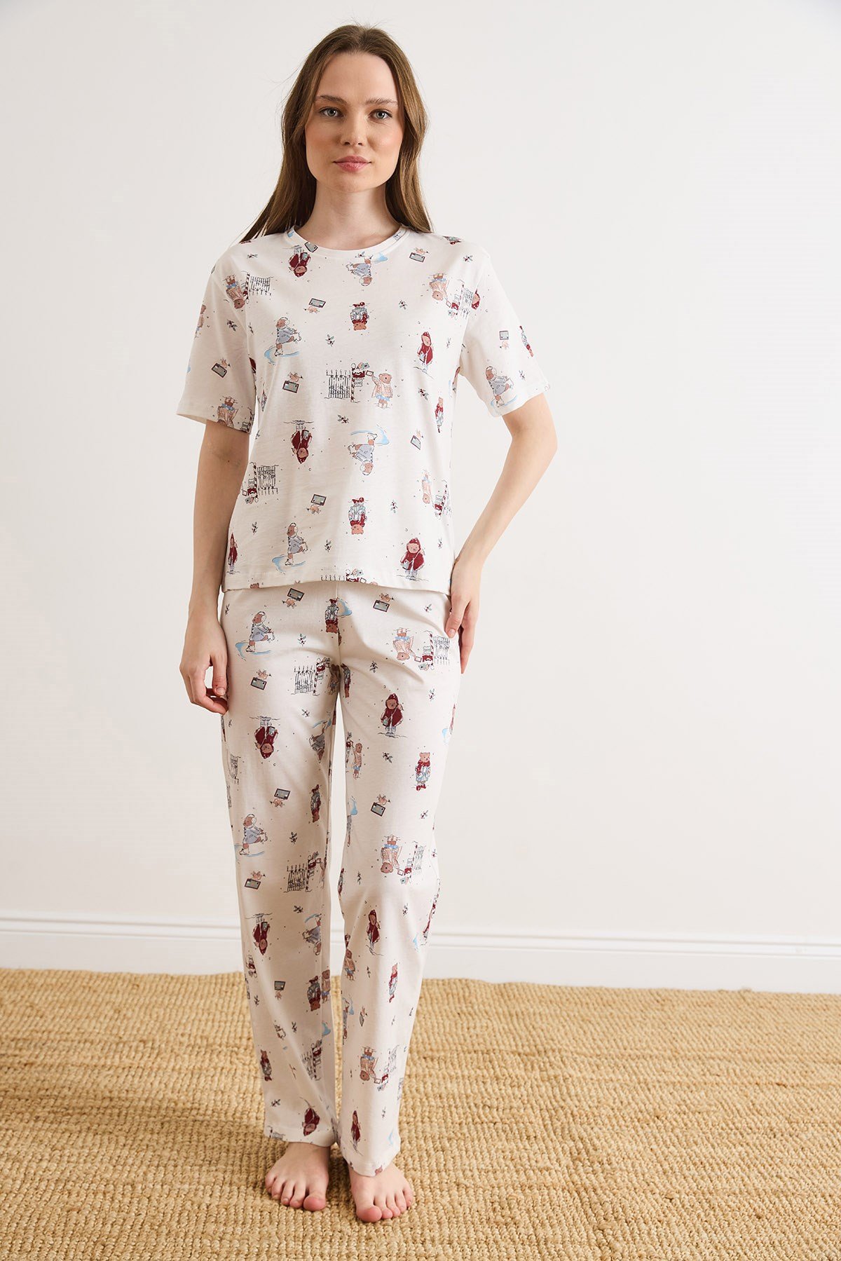 %100 Pamuk Şortlu Pijama Takım Ayıcık Beyaz