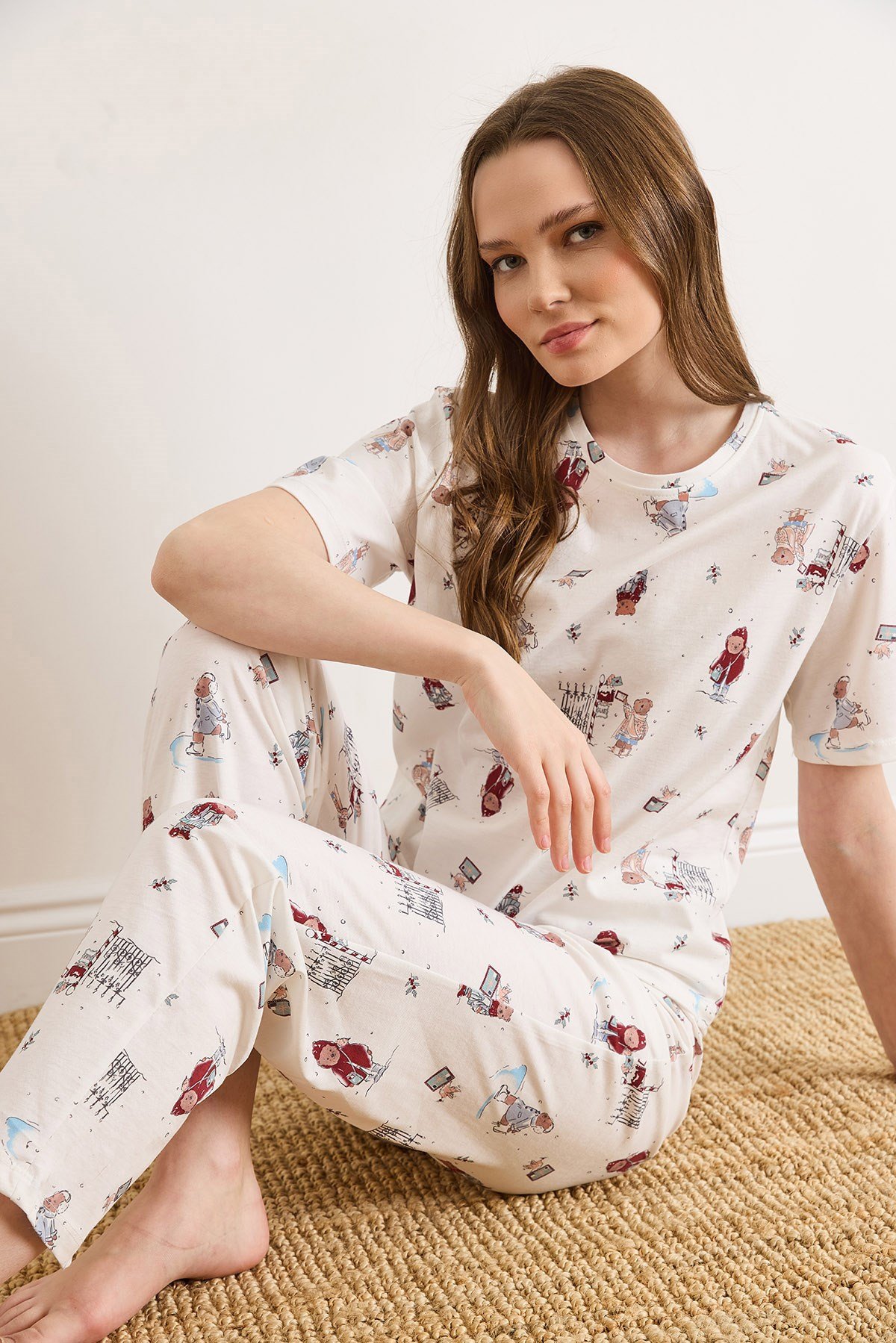 %100 Pamuk Şortlu Pijama Takım Ayıcık Beyaz