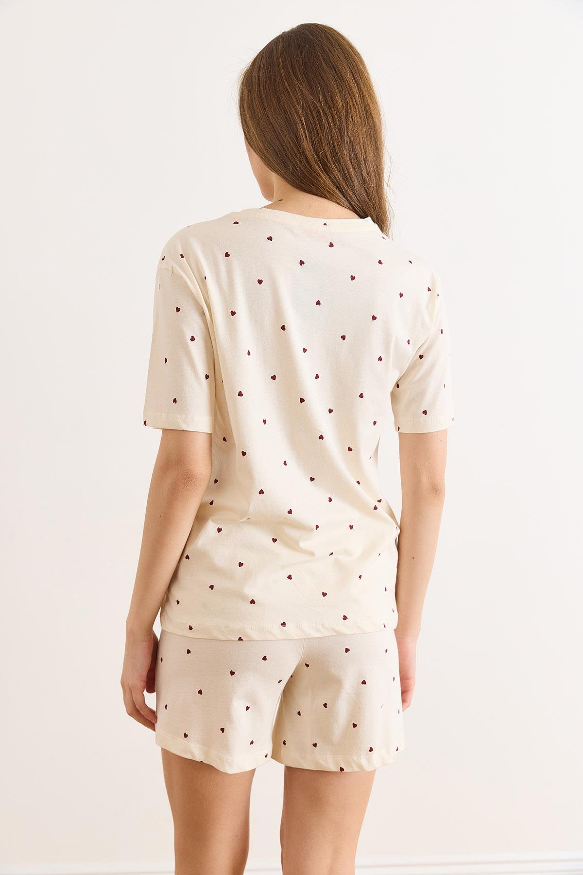 %100 Pamuk Şortlu Pijama Takım Bej Kalp