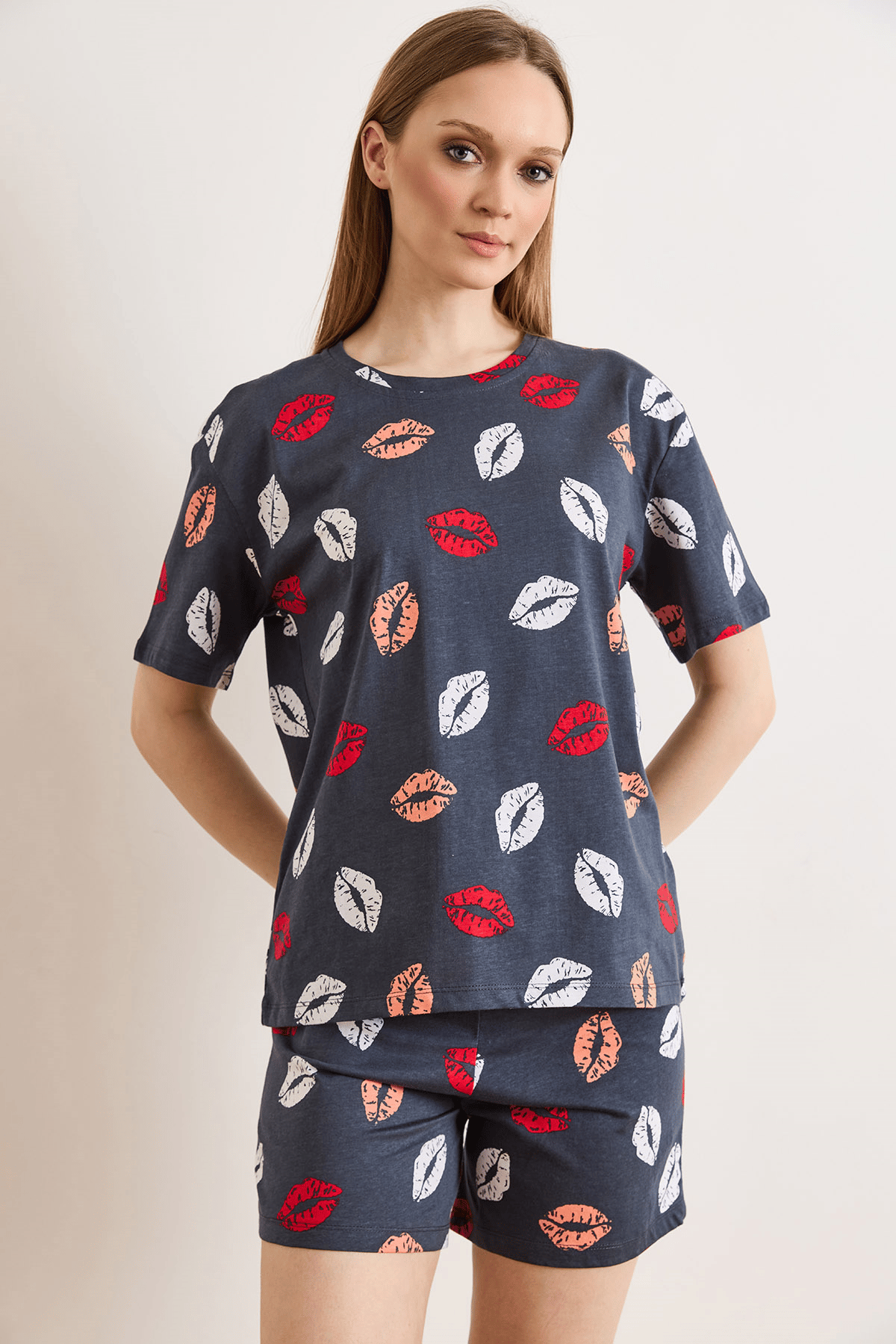 %100 Pamuk Şortlu Pijama Takım Dudak Antrasit