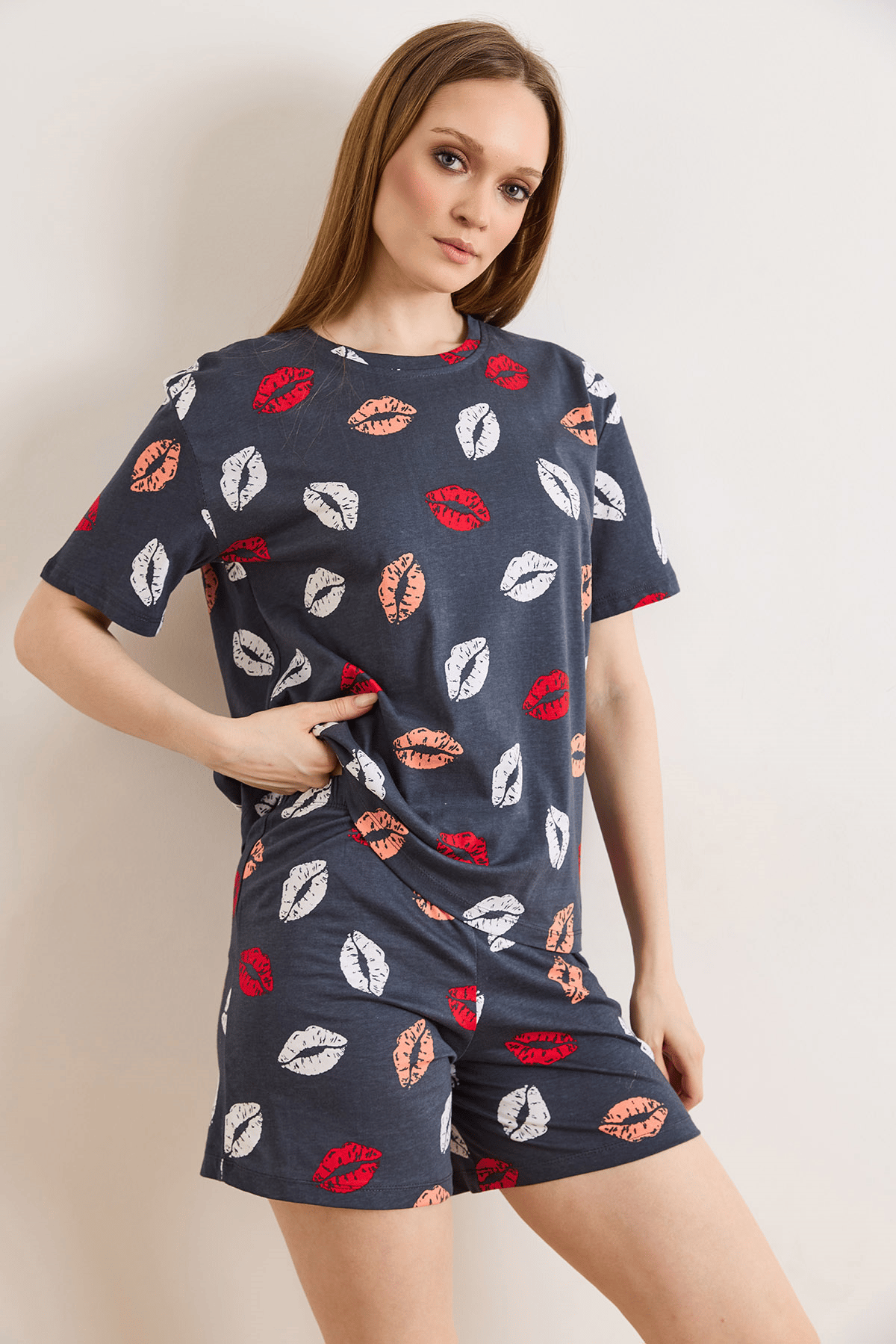 %100 Pamuk Şortlu Pijama Takım Dudak Antrasit