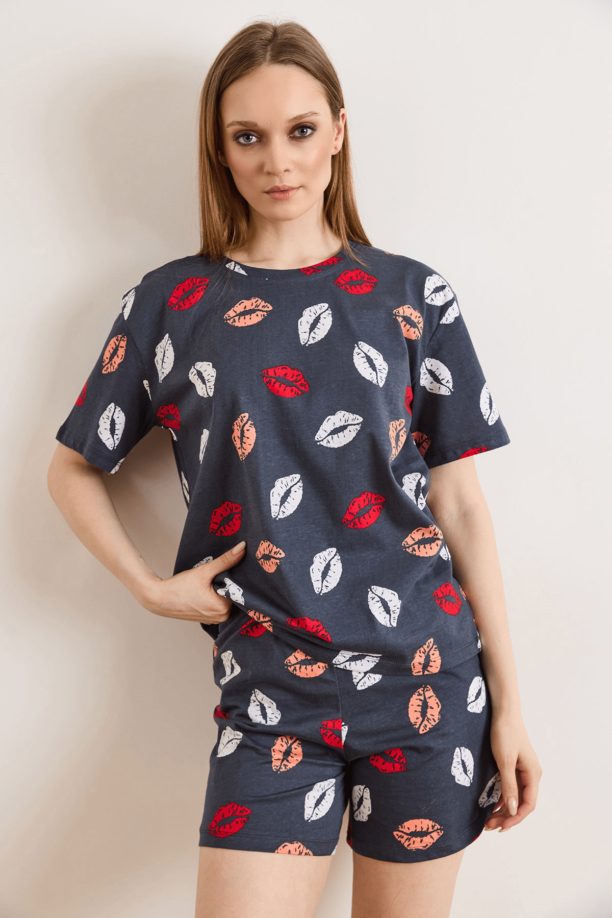 %100 Pamuk Şortlu Pijama Takım Dudak Antrasit