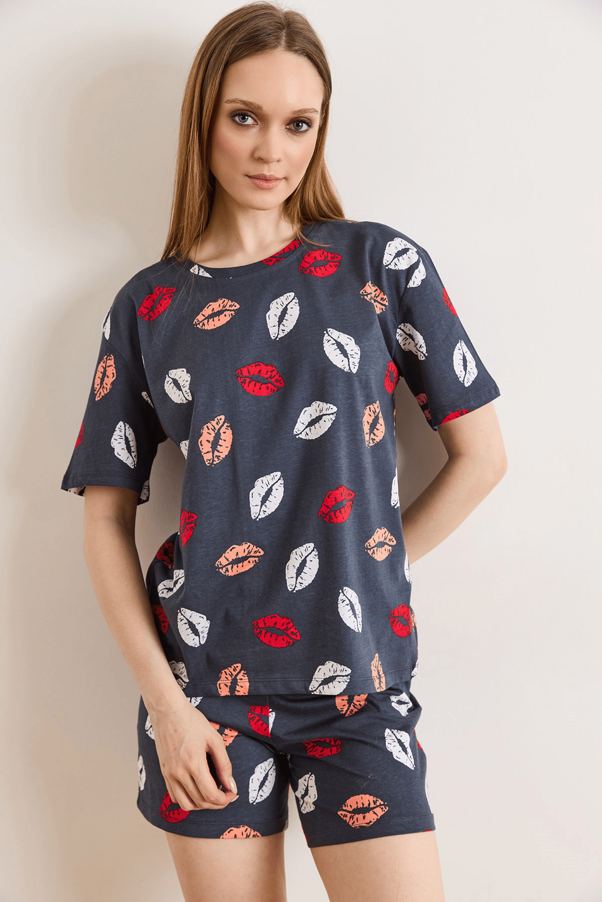 %100 Pamuk Şortlu Pijama Takım Dudak Antrasit