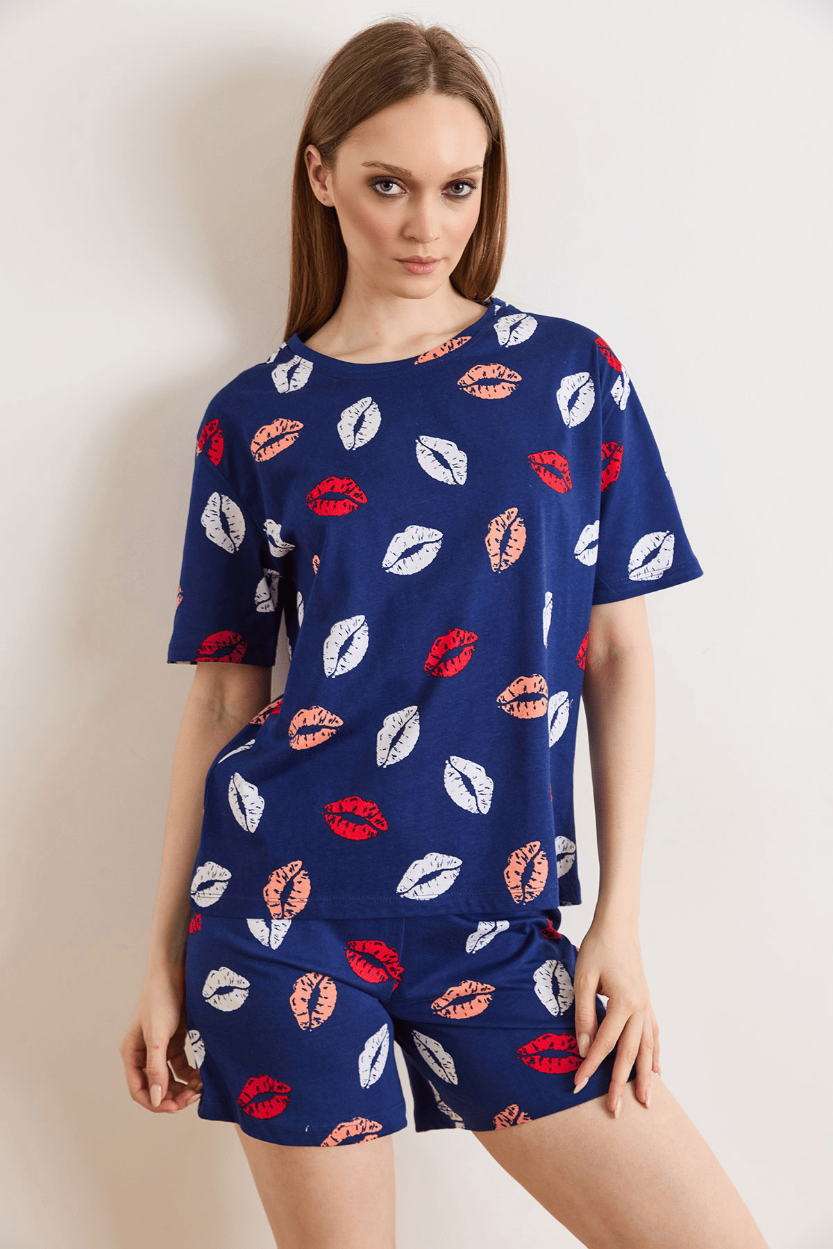 %100 Pamuk Şortlu Pijama Takım Dudak Lacivert