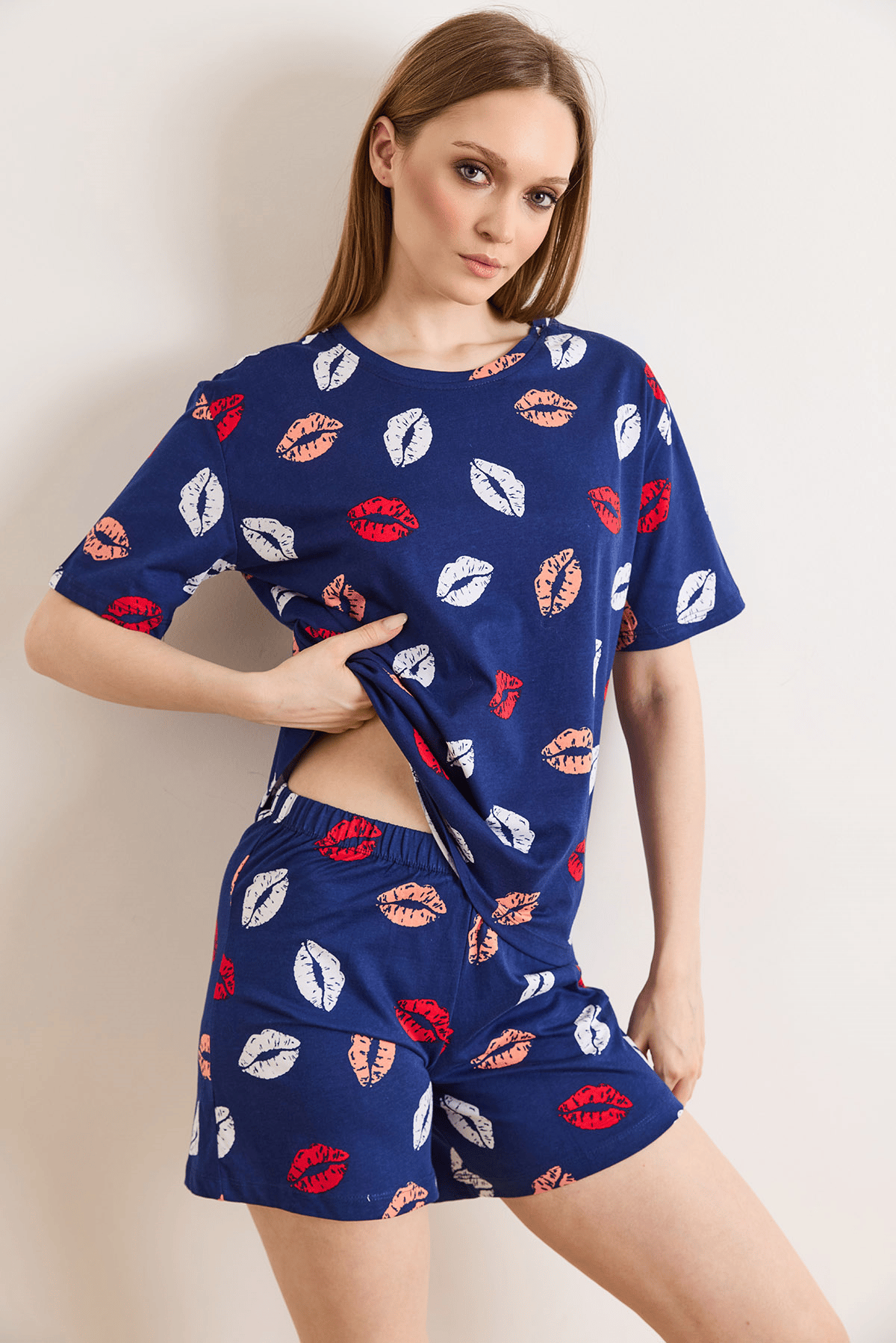 %100 Pamuk Şortlu Pijama Takım Dudak Lacivert