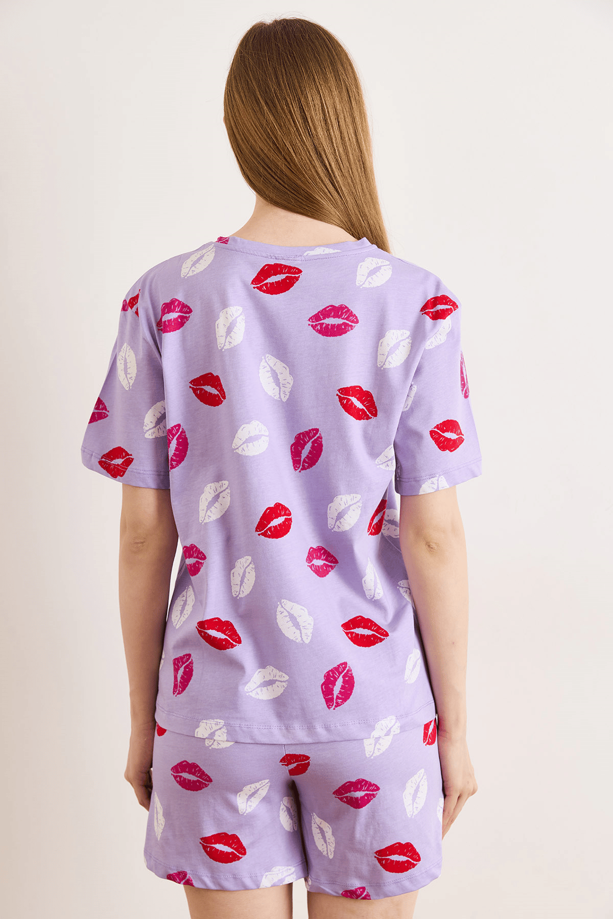 %100 Pamuk Şortlu Pijama Takım Dudak Lila