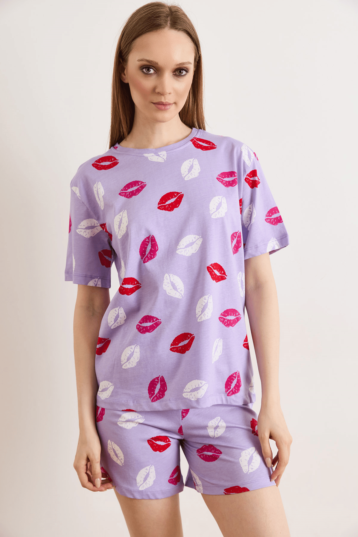 %100 Pamuk Şortlu Pijama Takım Dudak Lila