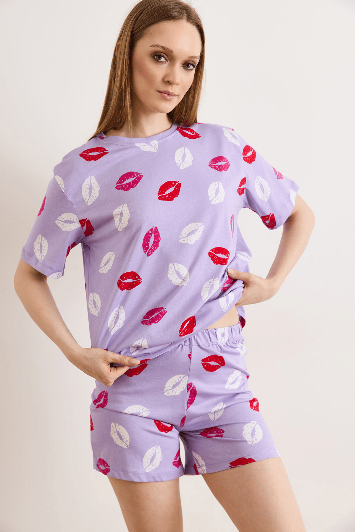 %100 Pamuk Şortlu Pijama Takım Dudak Lila