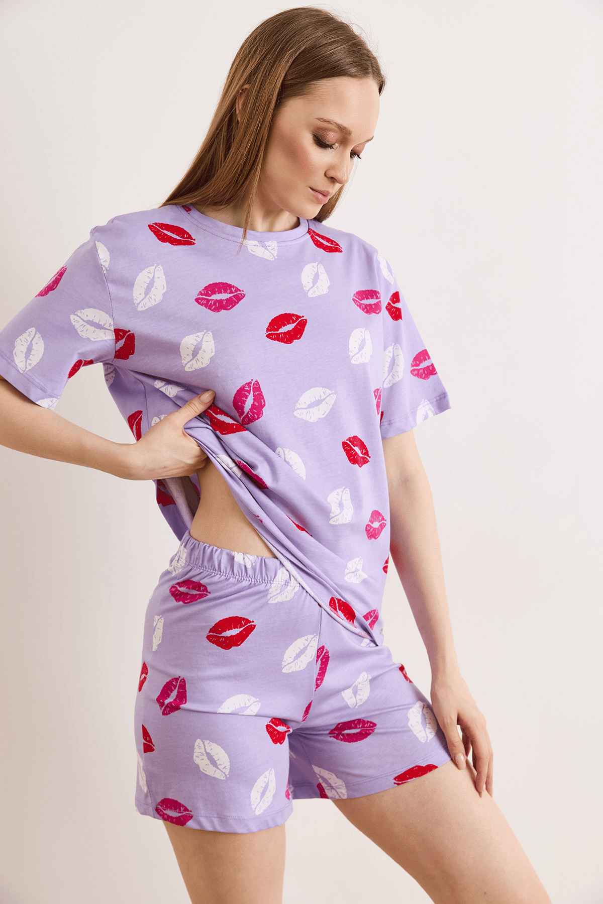 %100 Pamuk Şortlu Pijama Takım Dudak Lila