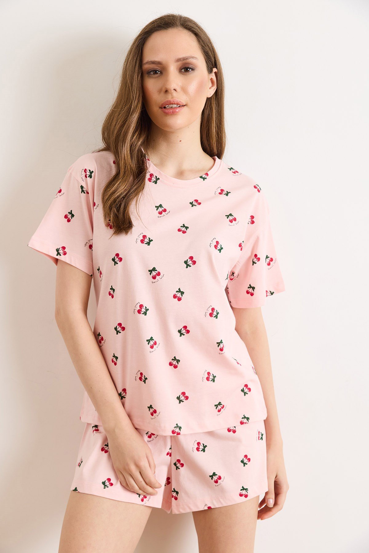 %100 Pamuk Şortlu Pijama Takım Kiraz Pembe