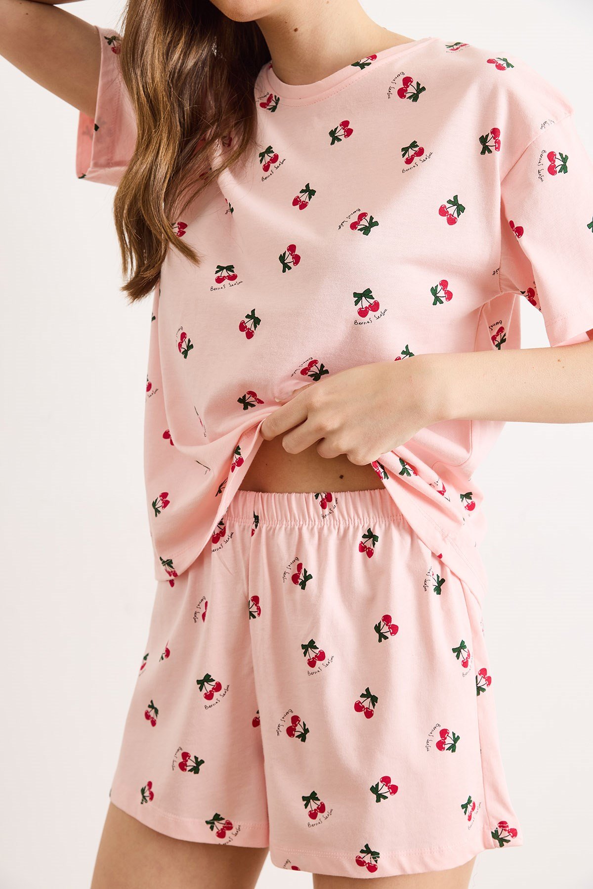 %100 Pamuk Şortlu Pijama Takım Kiraz Pembe
