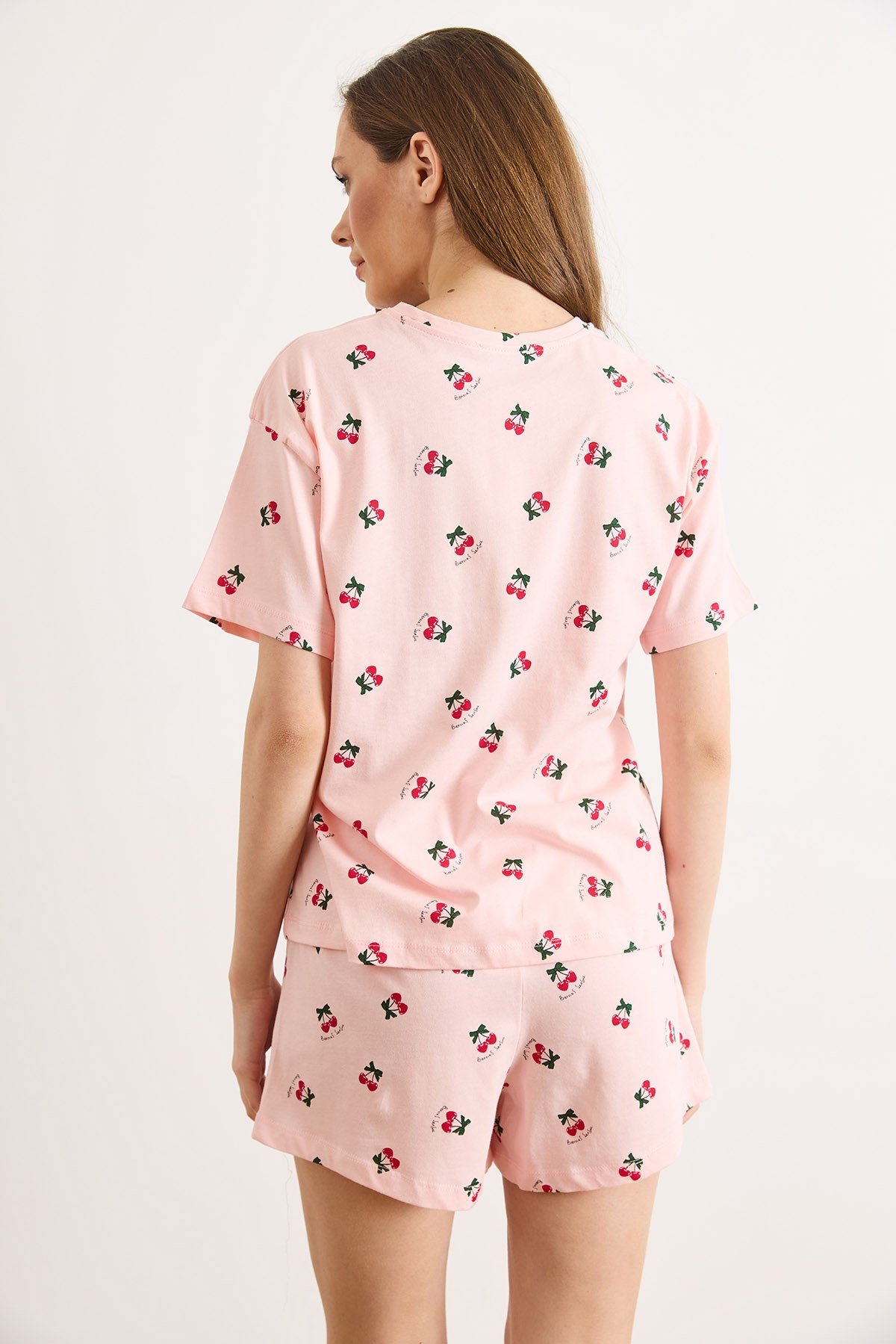 %100 Pamuk Şortlu Pijama Takım Kiraz Pembe