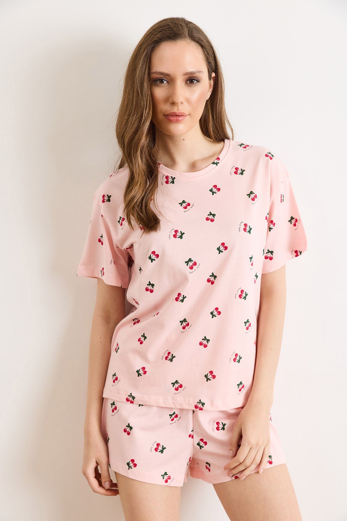 %100 Pamuk Şortlu Pijama Takım Kiraz Pembe